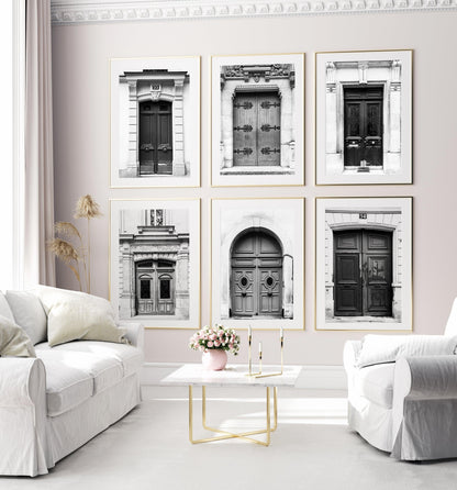 Set of Six Black and White Paris Door Prints - Departures Print Shop