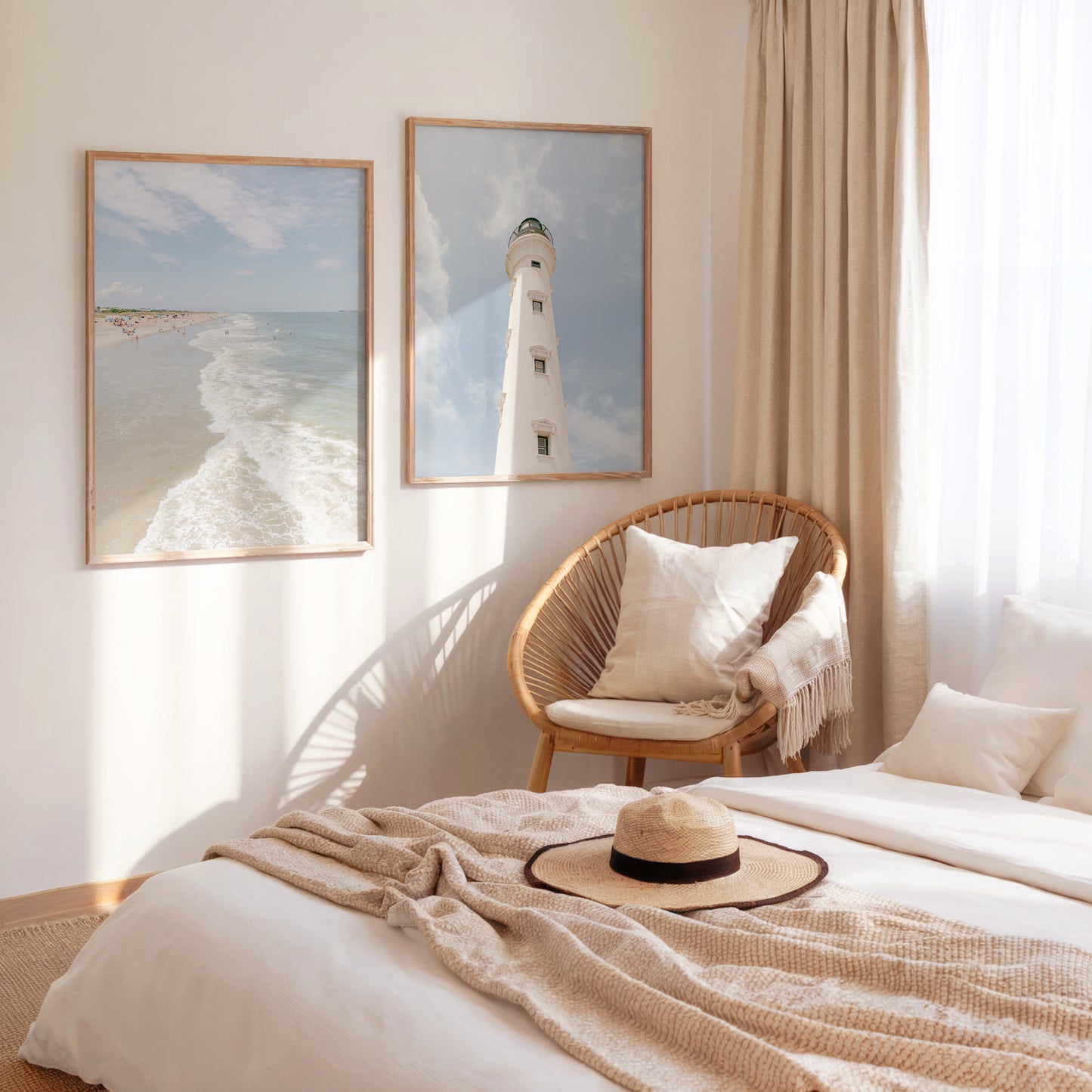 White lighthouse against a blue sky and soft clouds in Aruba – beach photography print for coastal wall decor.