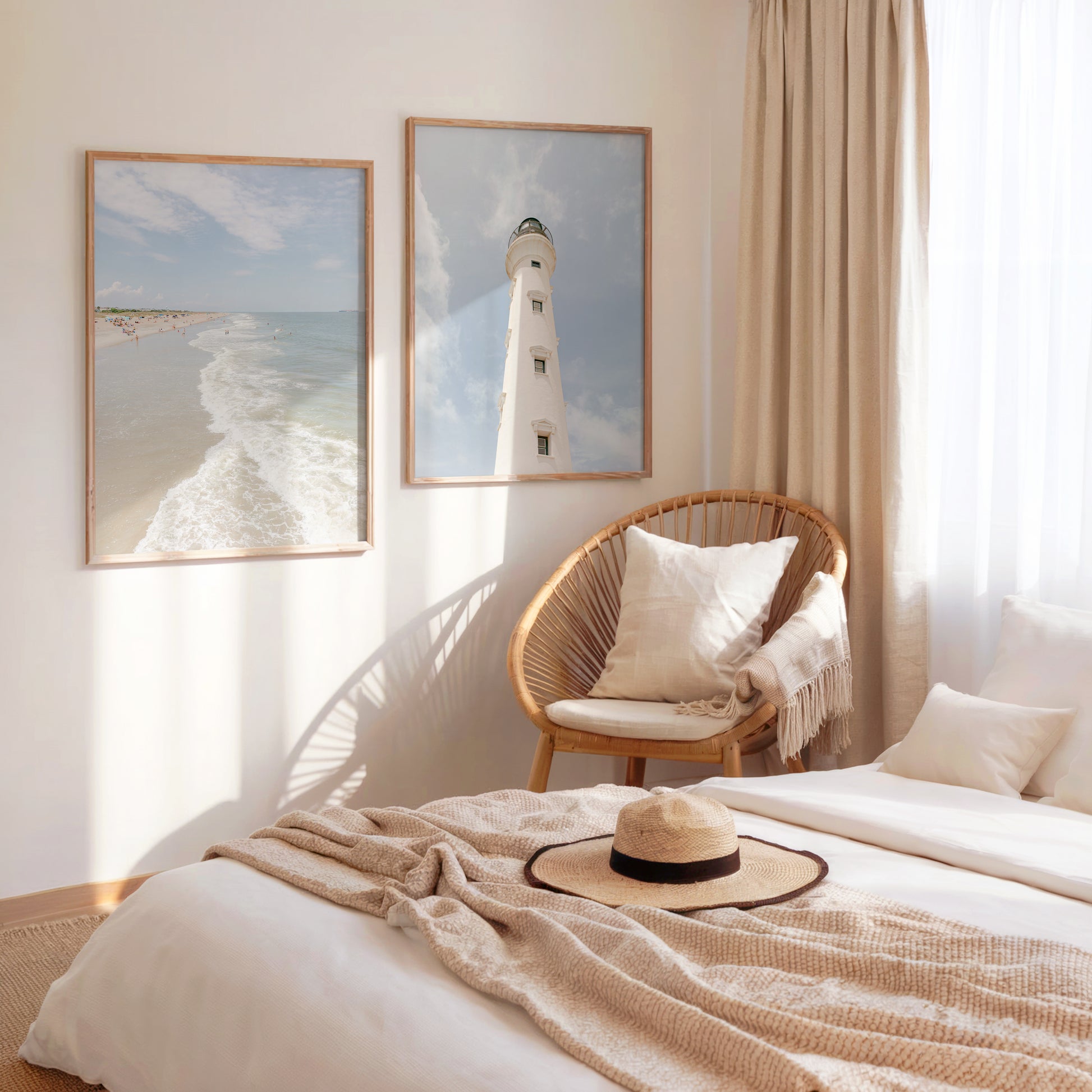 White lighthouse against a blue sky and soft clouds in Aruba – beach photography print for coastal wall decor.