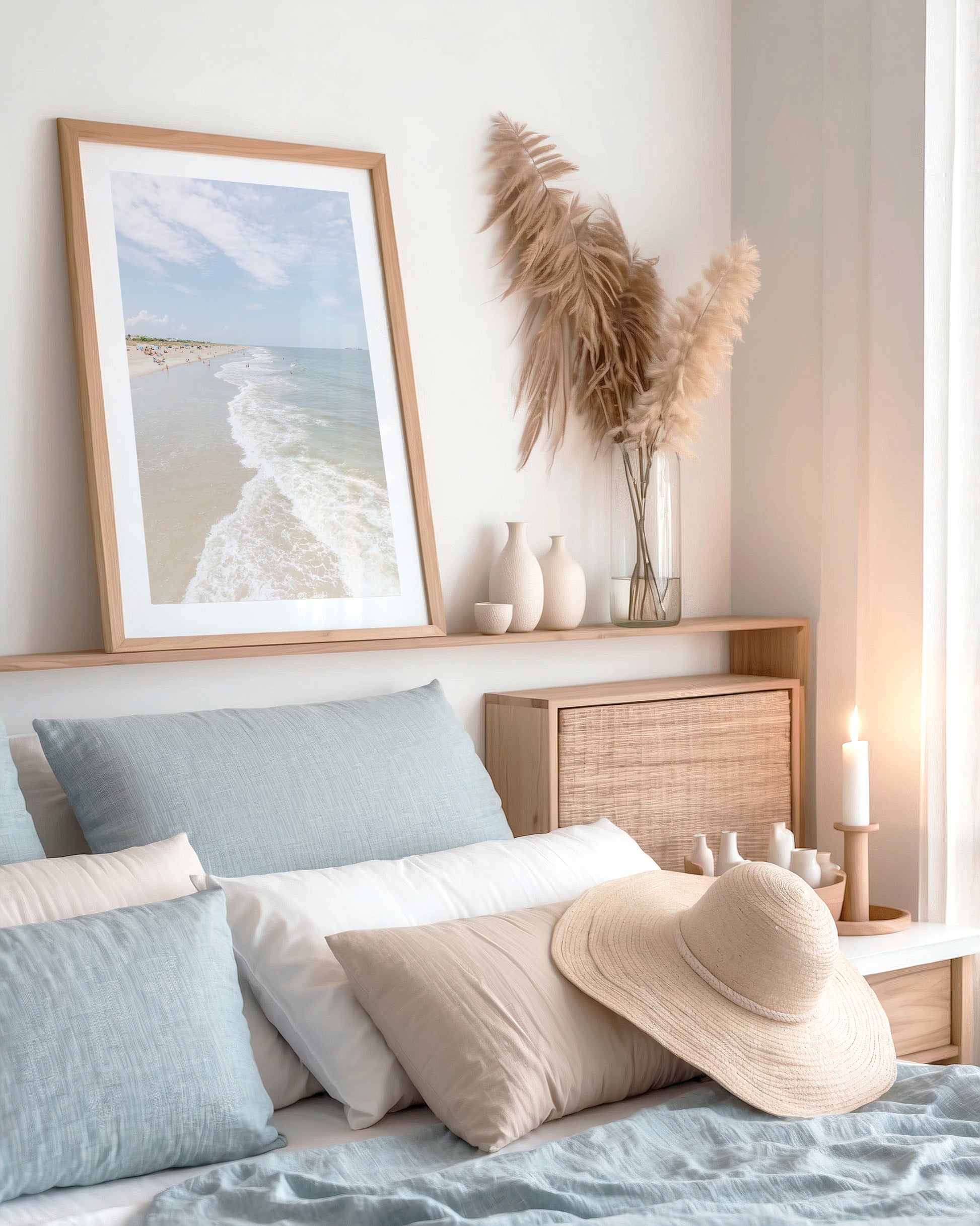 Vertical beach photograph of Tybee Island, Georgia with gentle ocean waves, soft sand, and scattered beachgoers on a bright summer day – coastal Georgia wall art.