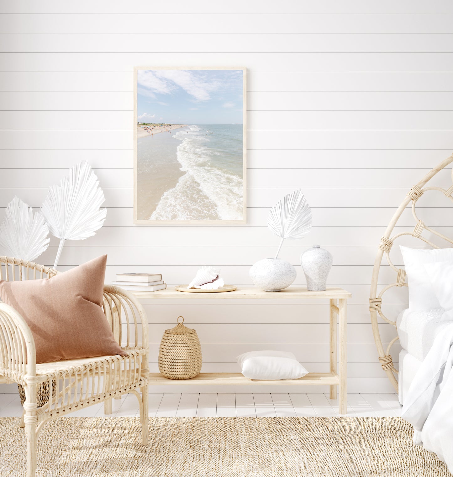 Vertical beach photograph of Tybee Island, Georgia with gentle ocean waves, soft sand, and scattered beachgoers on a bright summer day – coastal Georgia wall art.