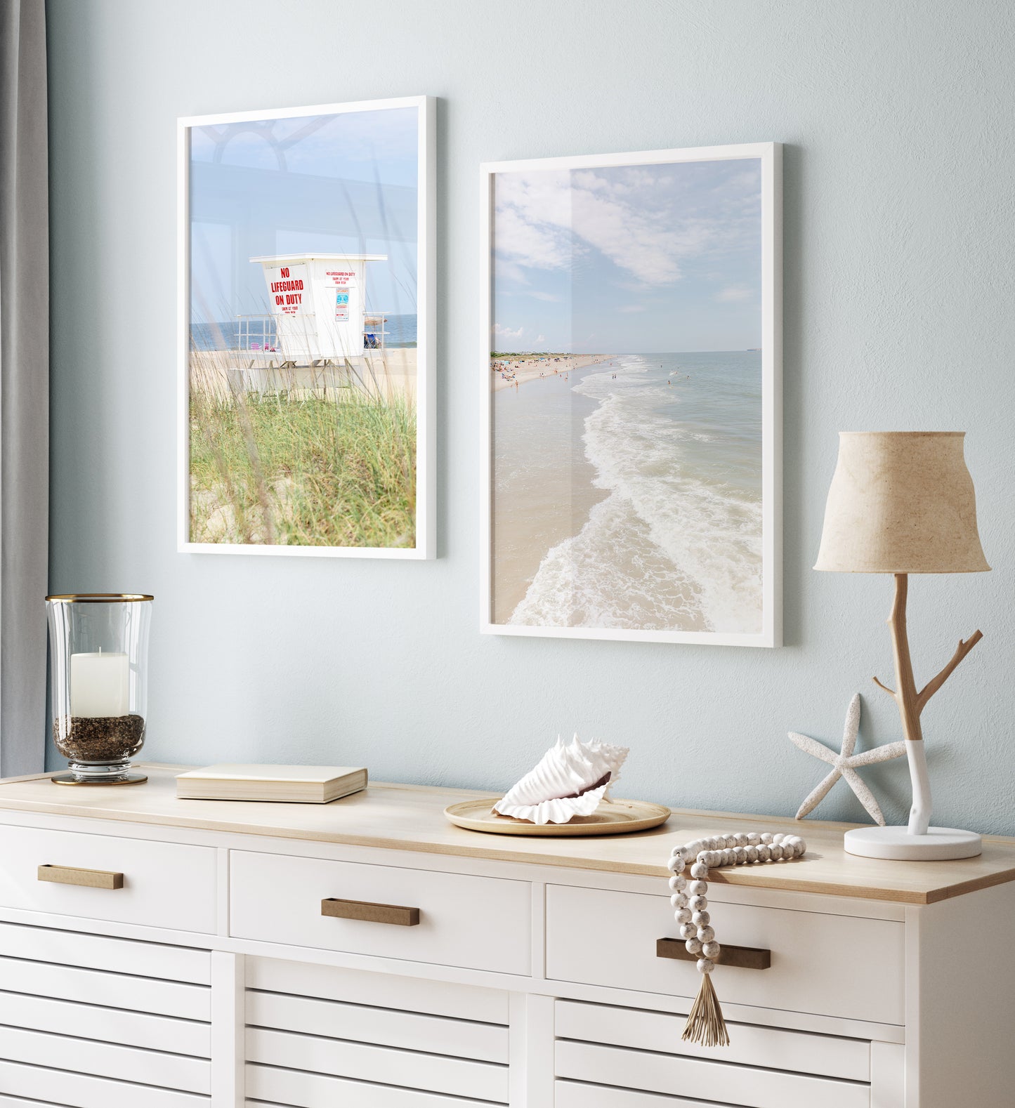 Vertical beach photograph of Tybee Island, Georgia with gentle ocean waves, soft sand, and scattered beachgoers on a bright summer day – coastal Georgia wall art.