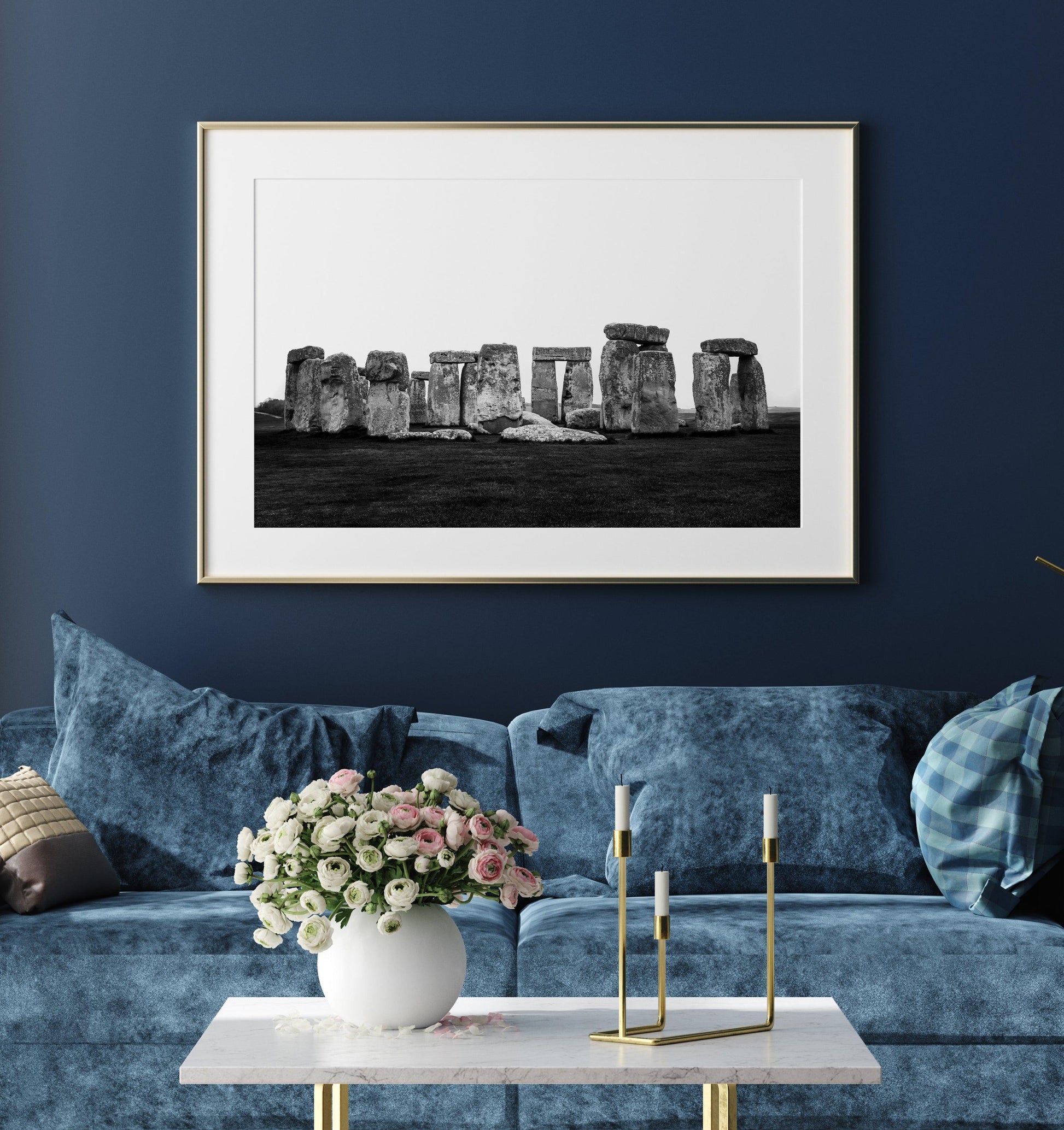 Black and white horizontal photo of Stonehenge with ancient stones against a cloudy sky – minimal neutral wall art