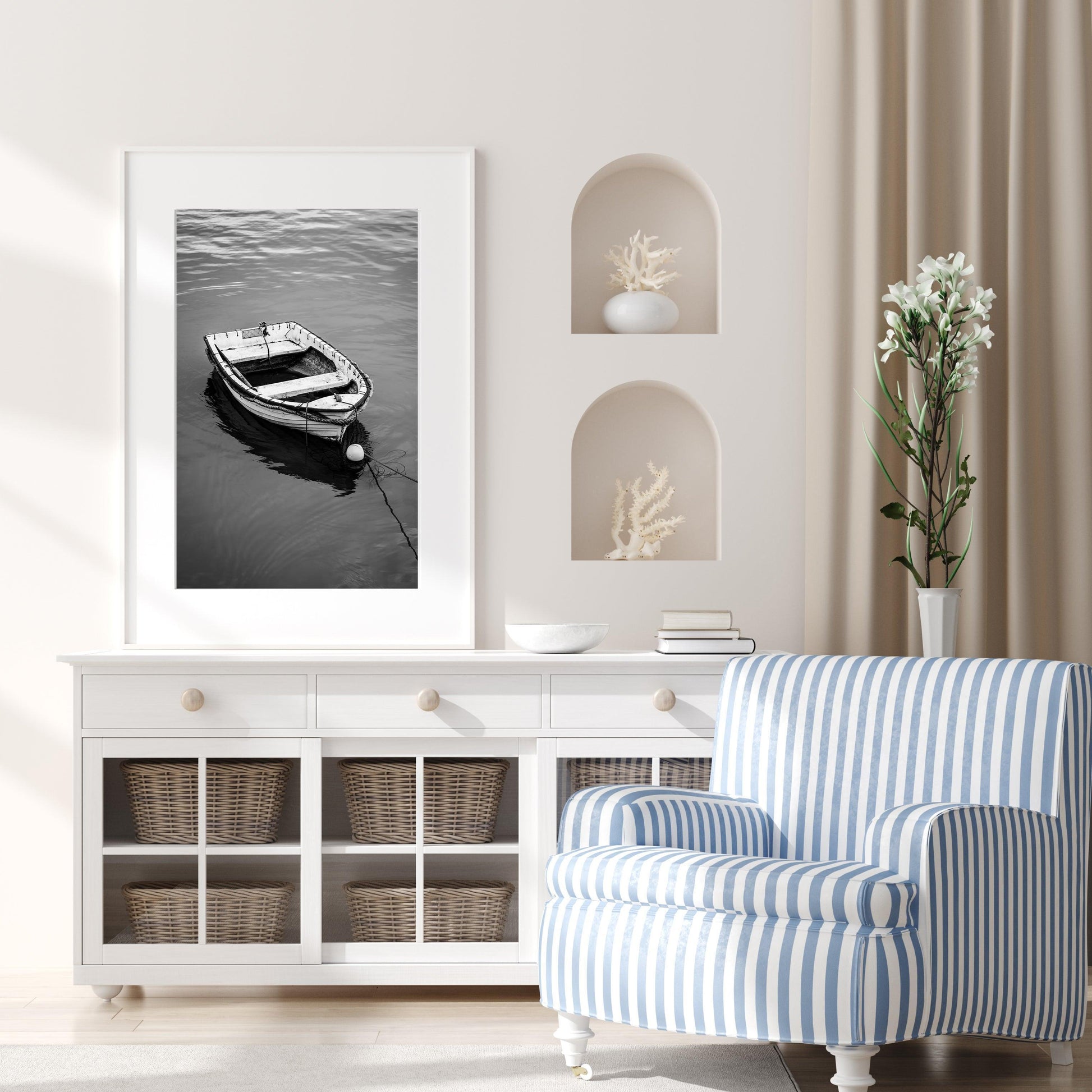 B&W Wooden Boat | Beach Print - Departures Print Shop