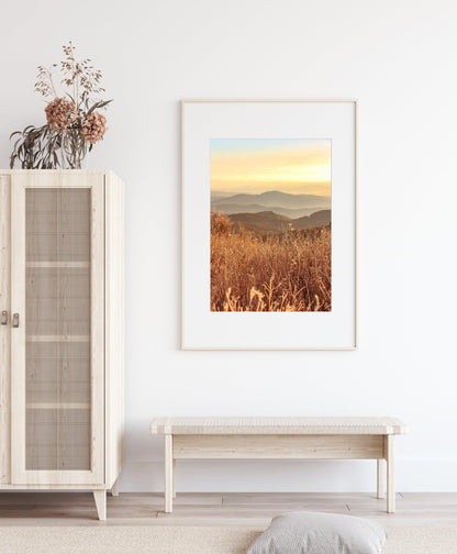 landscape print of a mountain. Print taken at the peak of a mountain. Sunrise over a mountain.